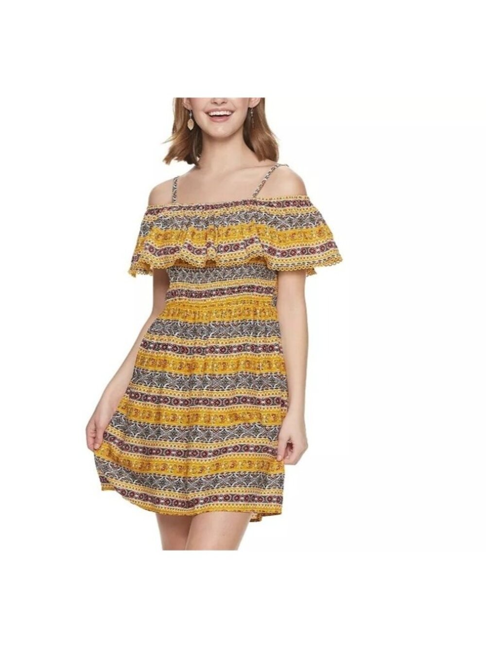 Lily‎ Rose Baby Doll Dress Womens Medium Yellow Red Sleeveless Off Shoulder
